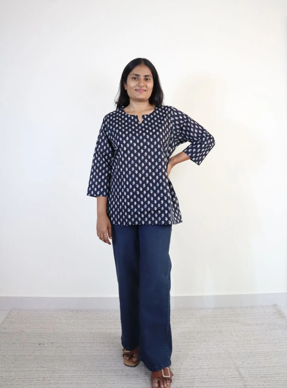 dark blue coloured printed short kurti