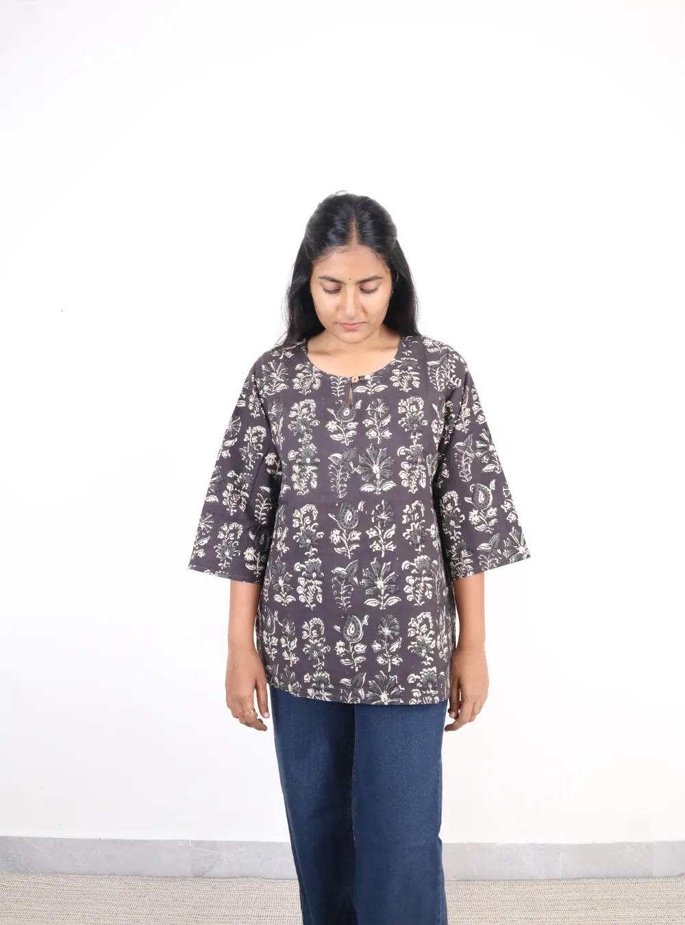 dark grey coloured printed short kurti