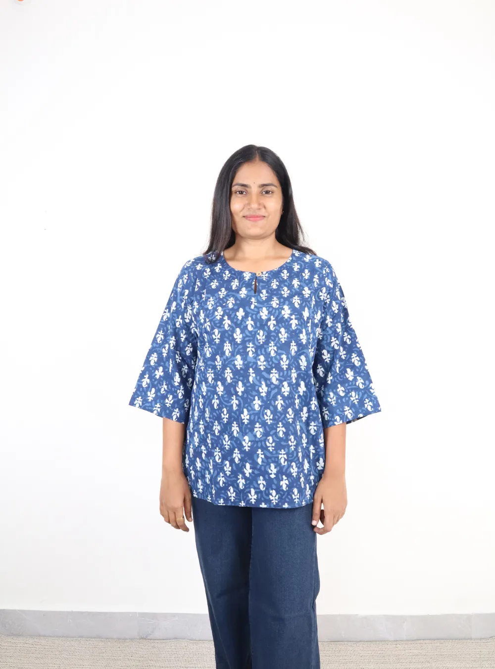 indigo coloured booti print short kurti