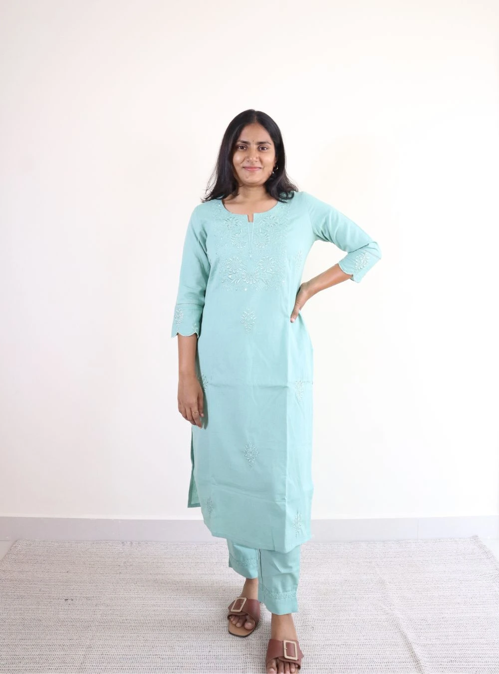 mint green coloured chikankari cotton kurta set